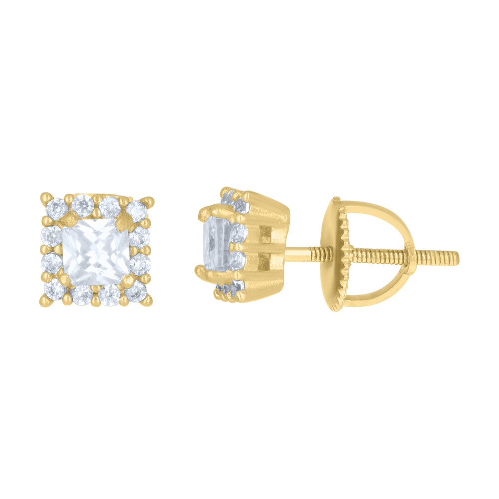 925 Sterling Silver YellowTone Princess Round CubicZirconia Square Stud Earrings